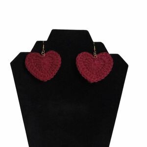 Maroon Red Heart Shaped Lightweight Crochet Dangle Drop Style Handmade Earrings